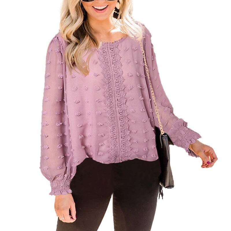Chiffon Jacquard Lantern Long-sleeved Round Neck Blouse Women - Mubimart