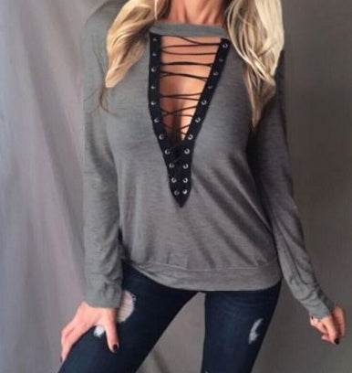 Large Size T Shirt Women Lace up Tops Bandage Long Sleeve V Neck Shirts - Mubimart