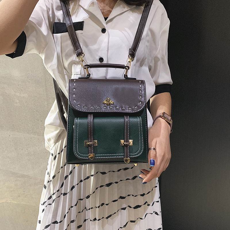Vintage Pu Leather Women Backpack Simple Preppy Style Backpack - Mubimart