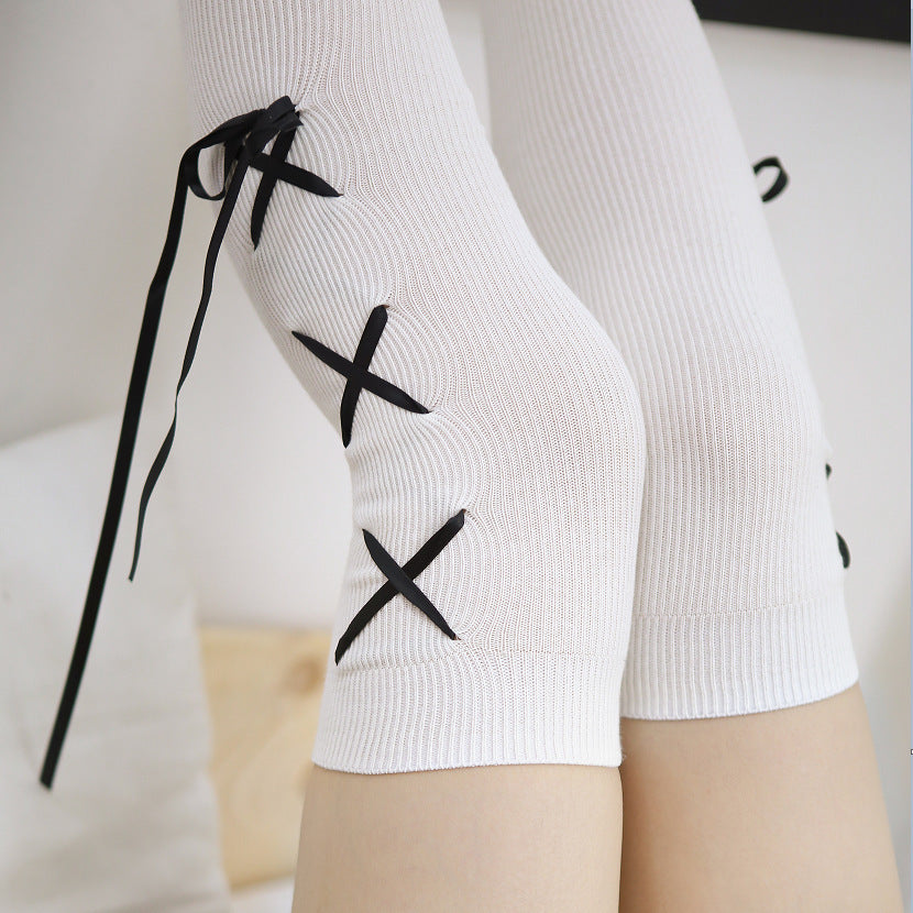 Over The Knee Socks Black And White Cross Ribbon Thigh Socks Female High Socks - Mubimart -  