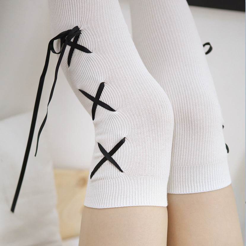 Over The Knee Socks Black And White Cross Ribbon Thigh Socks Female High Socks - Mubimart