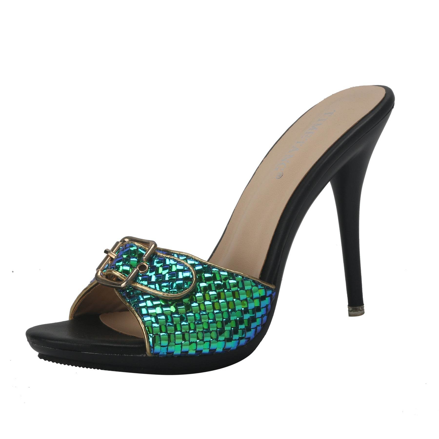 Fashionable Color Snake Pattern Square Buckle Sandal - Mubimart