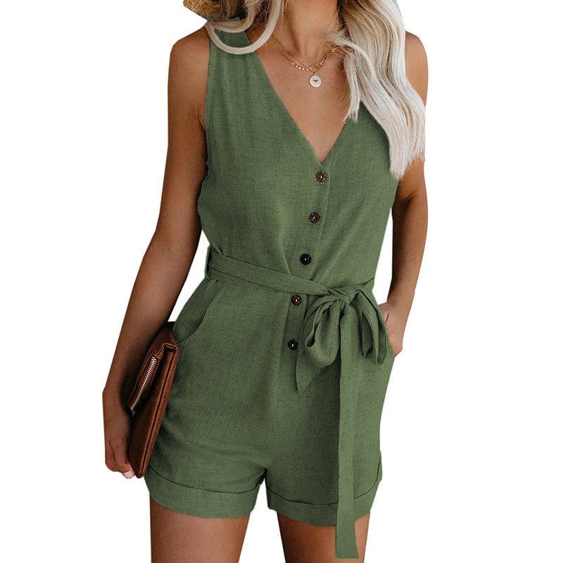 Women Playsuit Summer V Neck Sleeveless Button Belt Bow Casual Jumpsuit Solid Romper Elegant Tunic Short Overalls - Mubimart