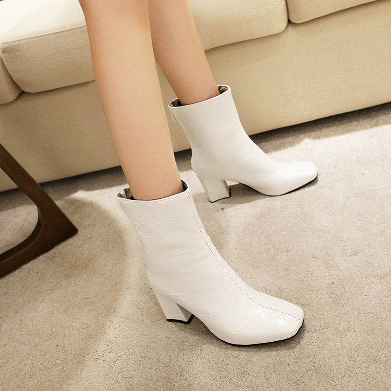 Stone Pattern Stretch Boots Square Toe Boots - Mubimart