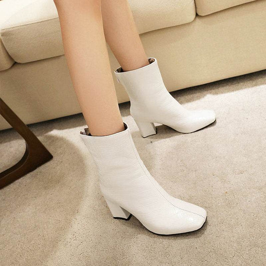 Stone Pattern Stretch Boots Square Toe Boots - Mubimart