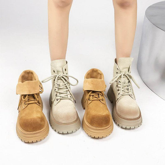 Distressed Thick Bottom Mid-calf Vintage Martin Boots - Mubimart