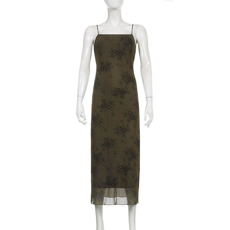 American Dark Vintage Print Slip Dress - Mubimart
