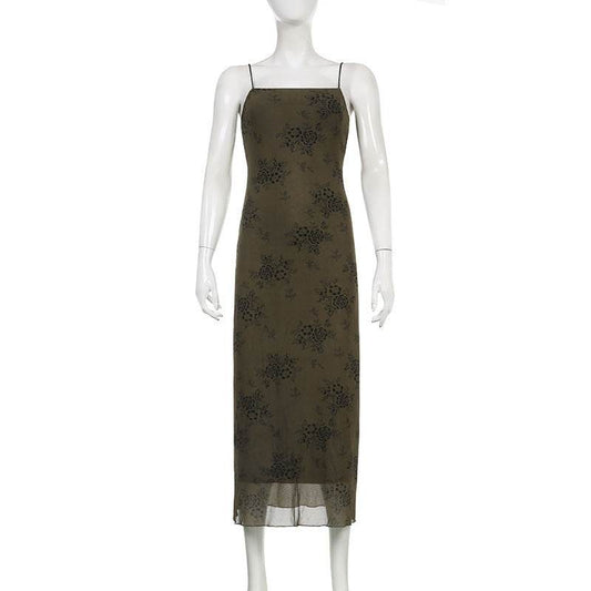 American Dark Vintage Print Slip Dress - Mubimart