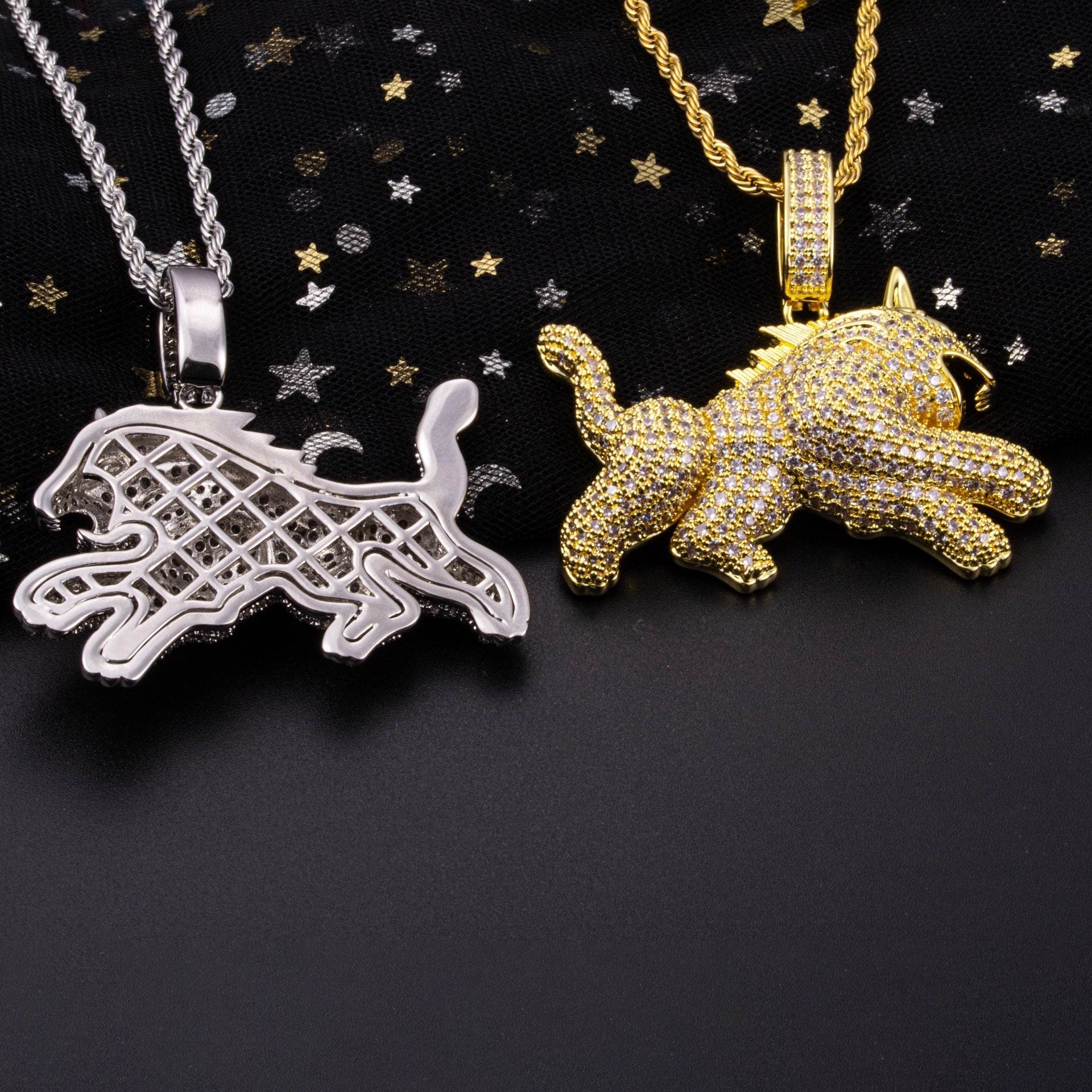 Hip Hop Full Zircon Mens Necklace Leopard Pendant - Mubimart