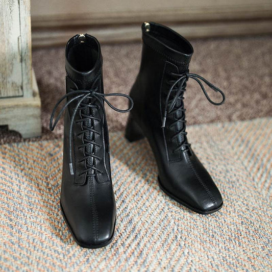 Square Toe High Heel Boots PU Leather Women Ankle Boots - Mubimart