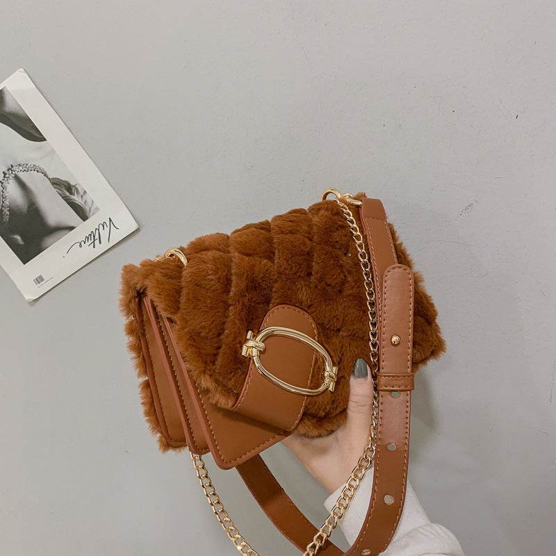 Soft Plush Ladies Square Messenger Bag Winter Female Bag Lady Designer Handbag Chain Shoulder Messenger Bag - Mubimart