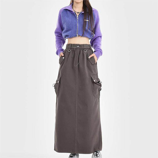Retro Loose Pockets Workwear Skirt - Mubimart