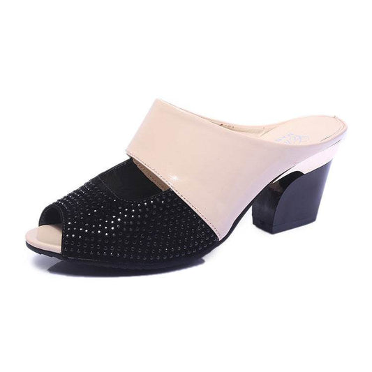 Patent leather rhinestone block heel sandals - Mubimart