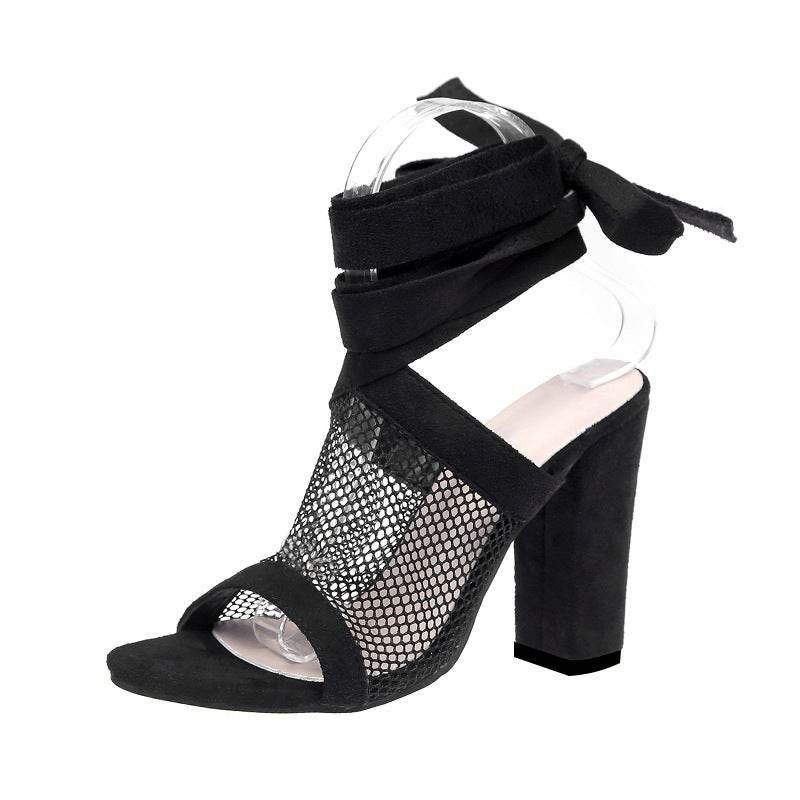 Women Sandals Bandage Flock Cross Strap Lace Up High Heels Sandal - Mubimart