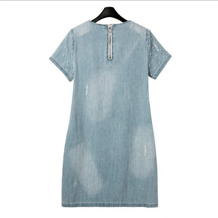 Summer new European and American large size women's washed beaded loose short-sleeved denim dress - Mubimart -  