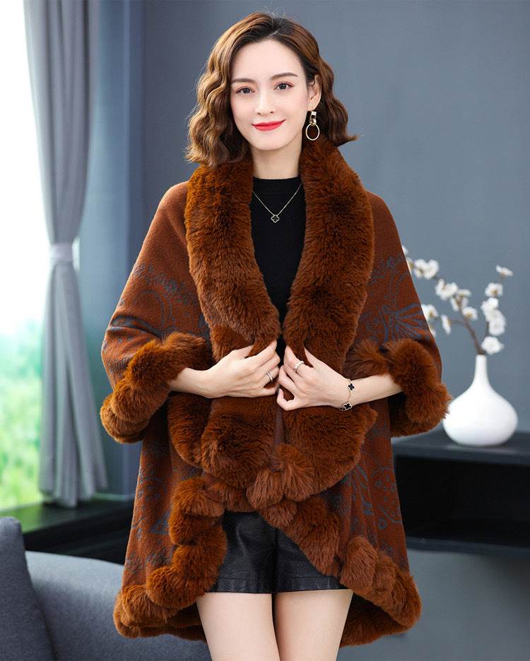 Imitation Rex Rabbit Fur Collar Shawl Cape Women's Plus Size - Mubimart