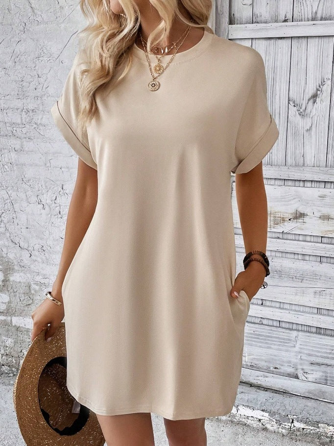 Loose Short Sleeve Dress With Pockets Summer Casual Solid Color Round Neck Straight Dresses Womens Clothing - Mubimart -  