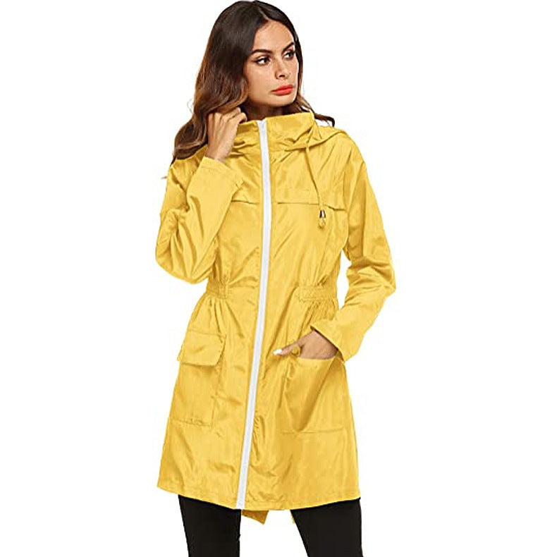 Women's Waist Hooded Raincoat Raincoat Mid-length Trench Coat