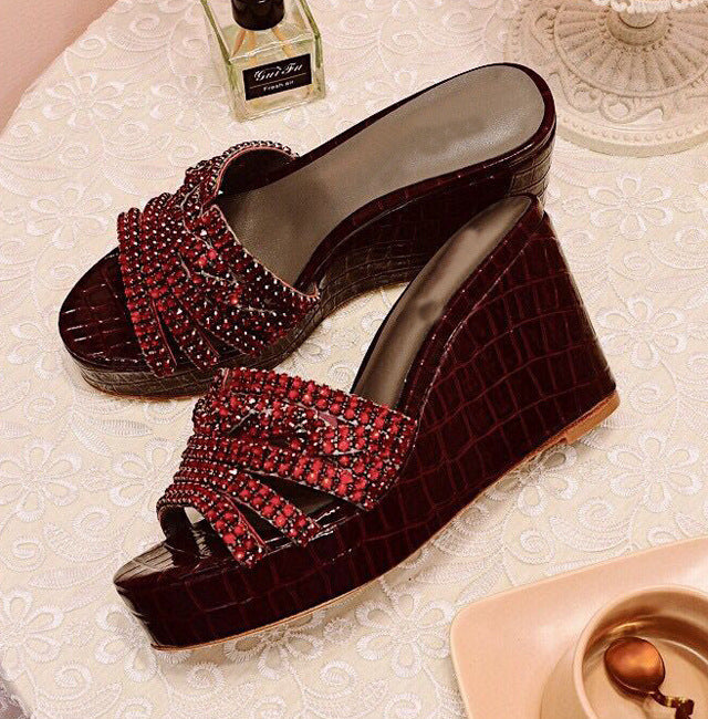 Fashion Wedge Heel Shiny Rhinestone  Slippers