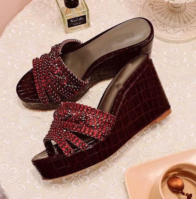 Fashion Wedge Heel Shiny Rhinestone Slippers - Mubimart