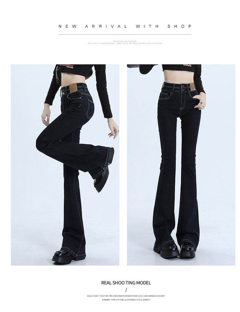 High Waist Slimming Hot Girl Double Buckle Slightly Flared Jeans Women - Mubimart