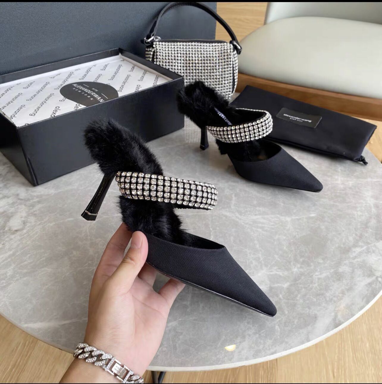 Rhinestone Pointed Toe High-heeled Stiletto-heeled Mules With Fur