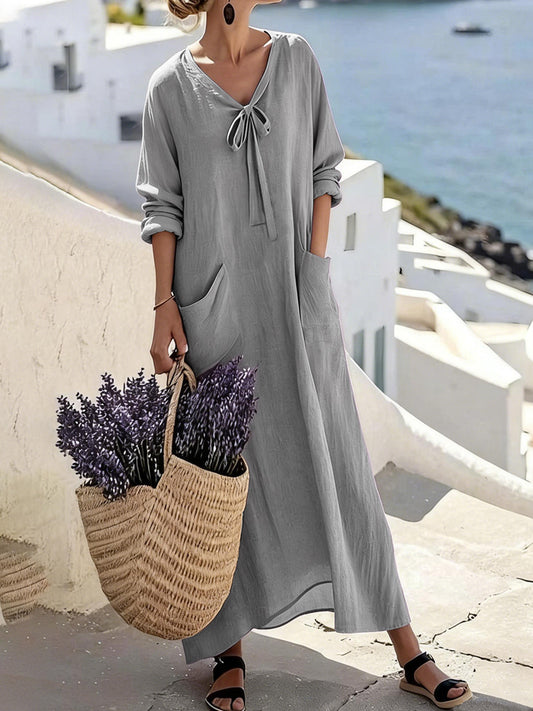 Womens Casual V-Neck Long-Sleeve Loose Cotton-Linen Solid-Color Dress