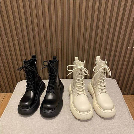 Single Boot Black Short Tube British Style Lace Up Ankle Boots - Mubimart