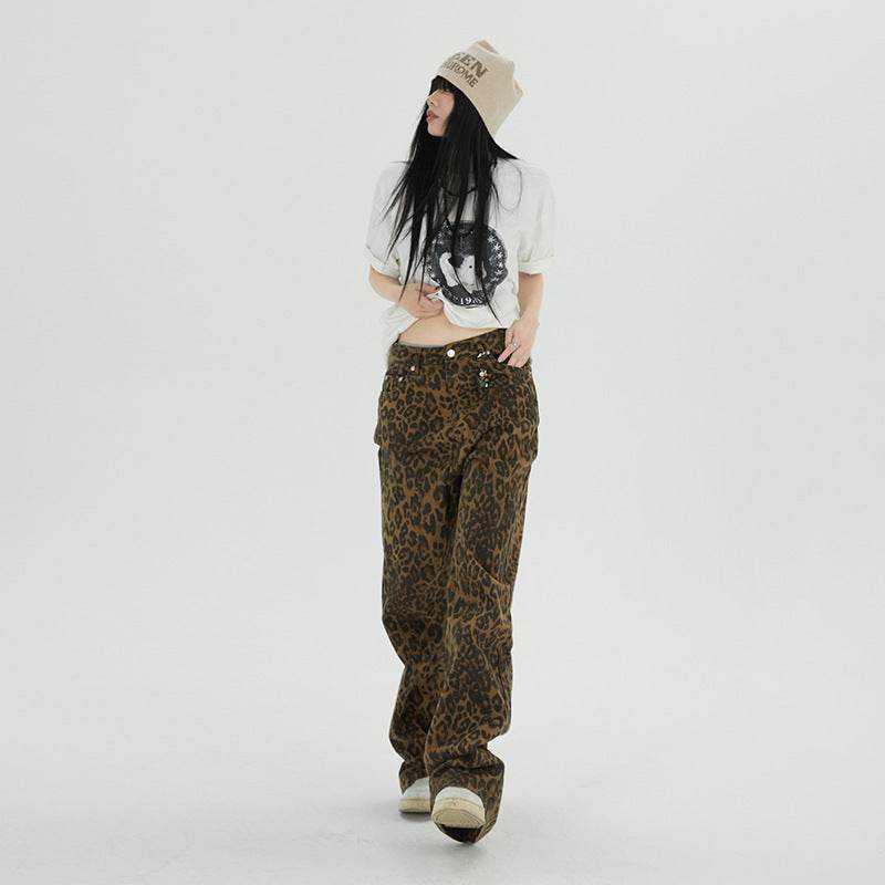 Leopard Jeans Wide Leg Loose Women - Mubimart