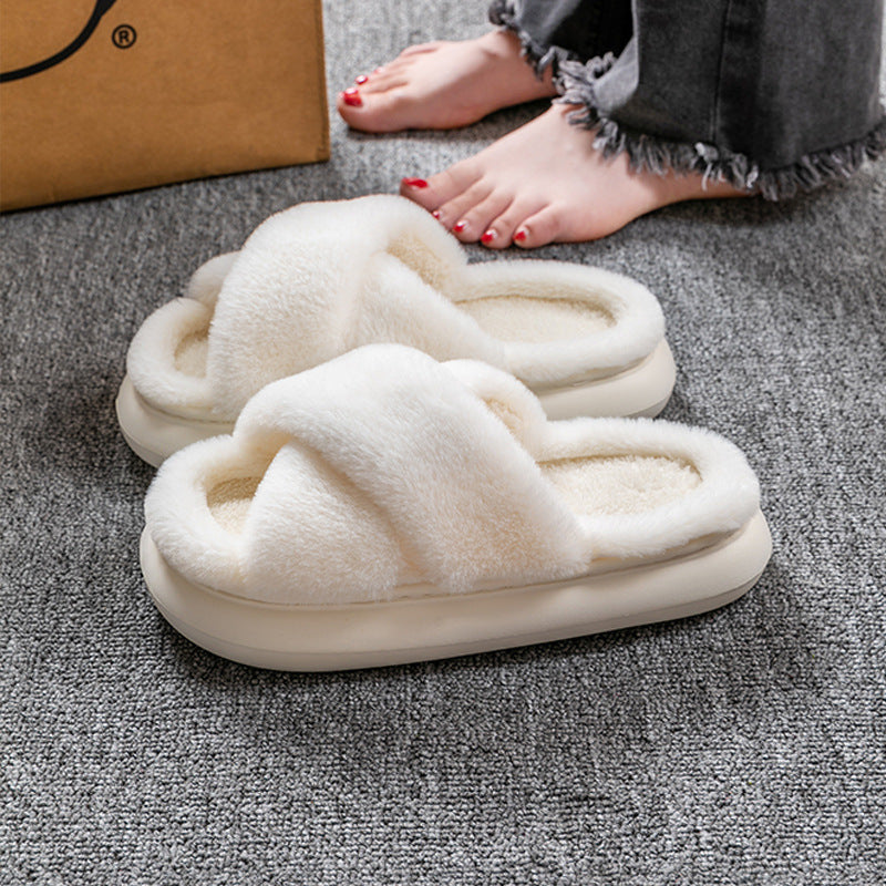 Women's Platform Fuzzy Home Slippers Winter Open Toe Criss-cross Solid Color Casual Floor Slides Indoor Flat Comfy House Shoes - Mubimart -  