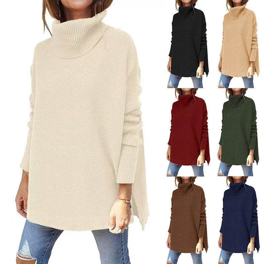 Turtleneck Sweater Mid Length Batwing Sleeve Slit Hem Tunic Pullover Sweaters Winter Tops Women Clothing - Mubimart