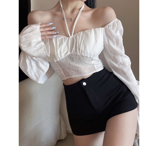 Women's Corset Halter Cropped Long Sleeve Top - Mubimart -  