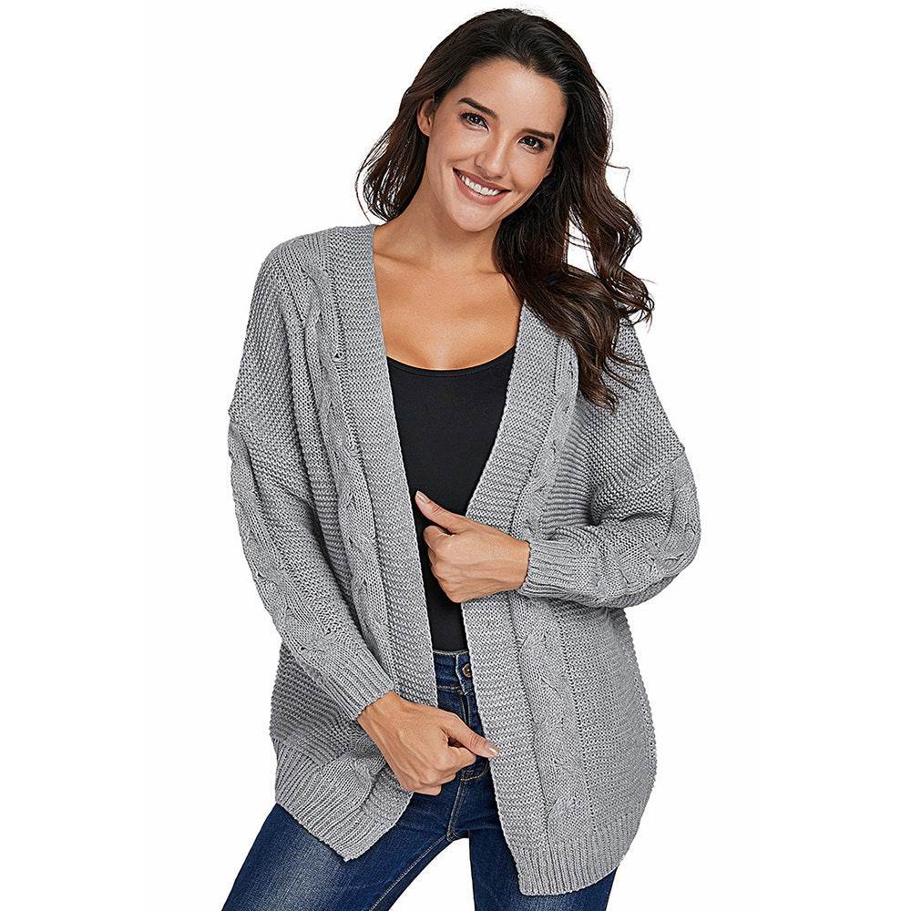 Cardigan Bat Long Sleeve Ribbed Knit Plus Size Cardigan - Mubimart