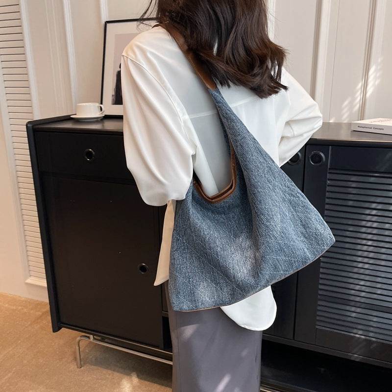 Denim Canvas Bucket Bag Fashion Large Capacity Shoulder Bags For Women Tote Handbag Female Shopping Bags - Mubimart