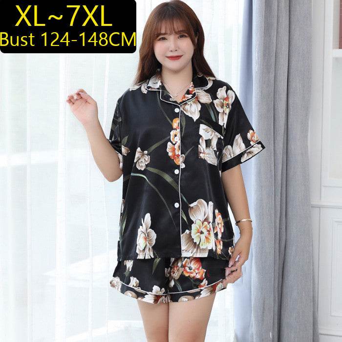 Summer Plus Size Ladies Ice Silk Short Sleeve Pajama Set - Mubimart