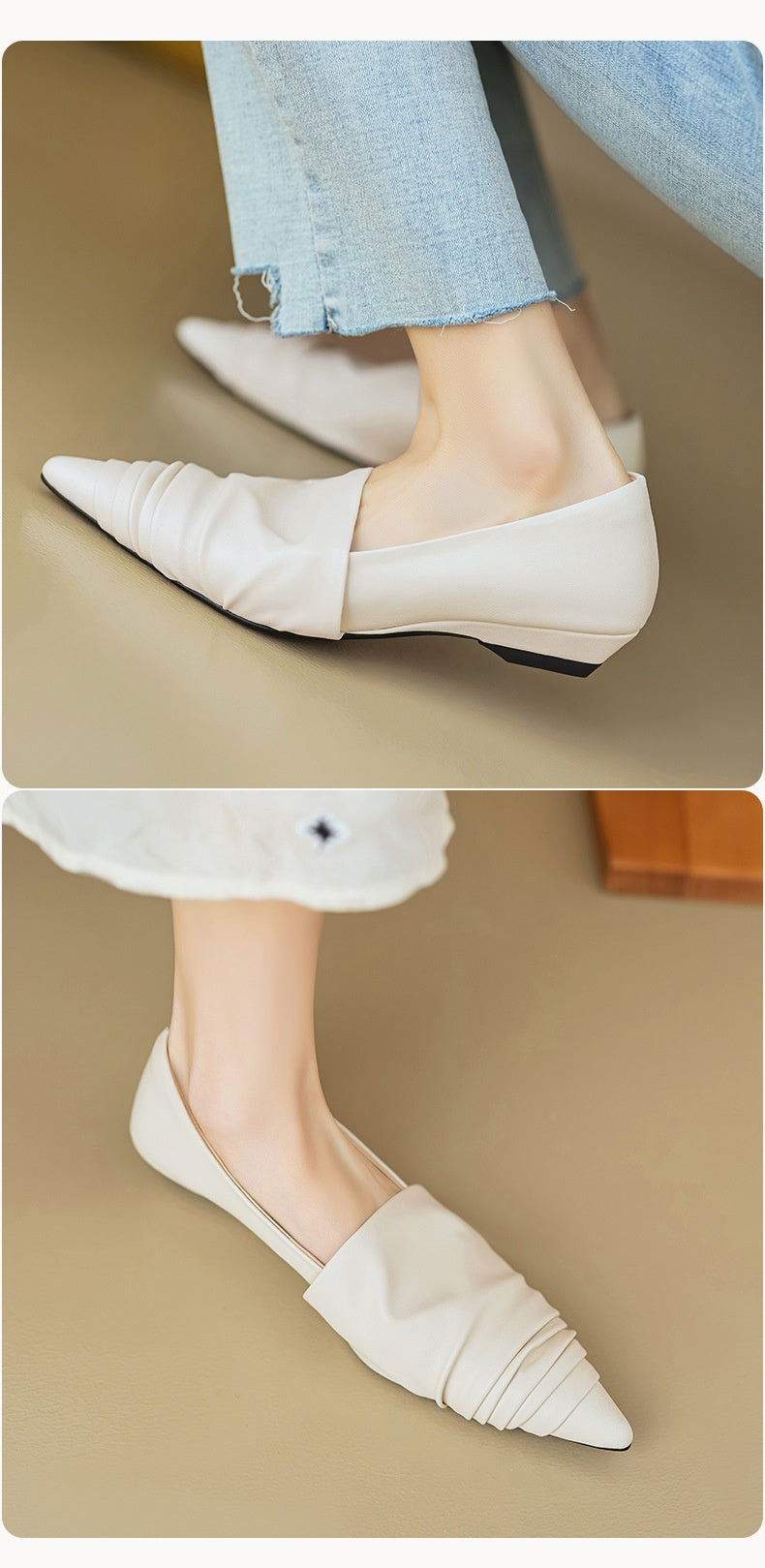 Pointed-toe Low Heel Flat Shoes Black Creamy-white