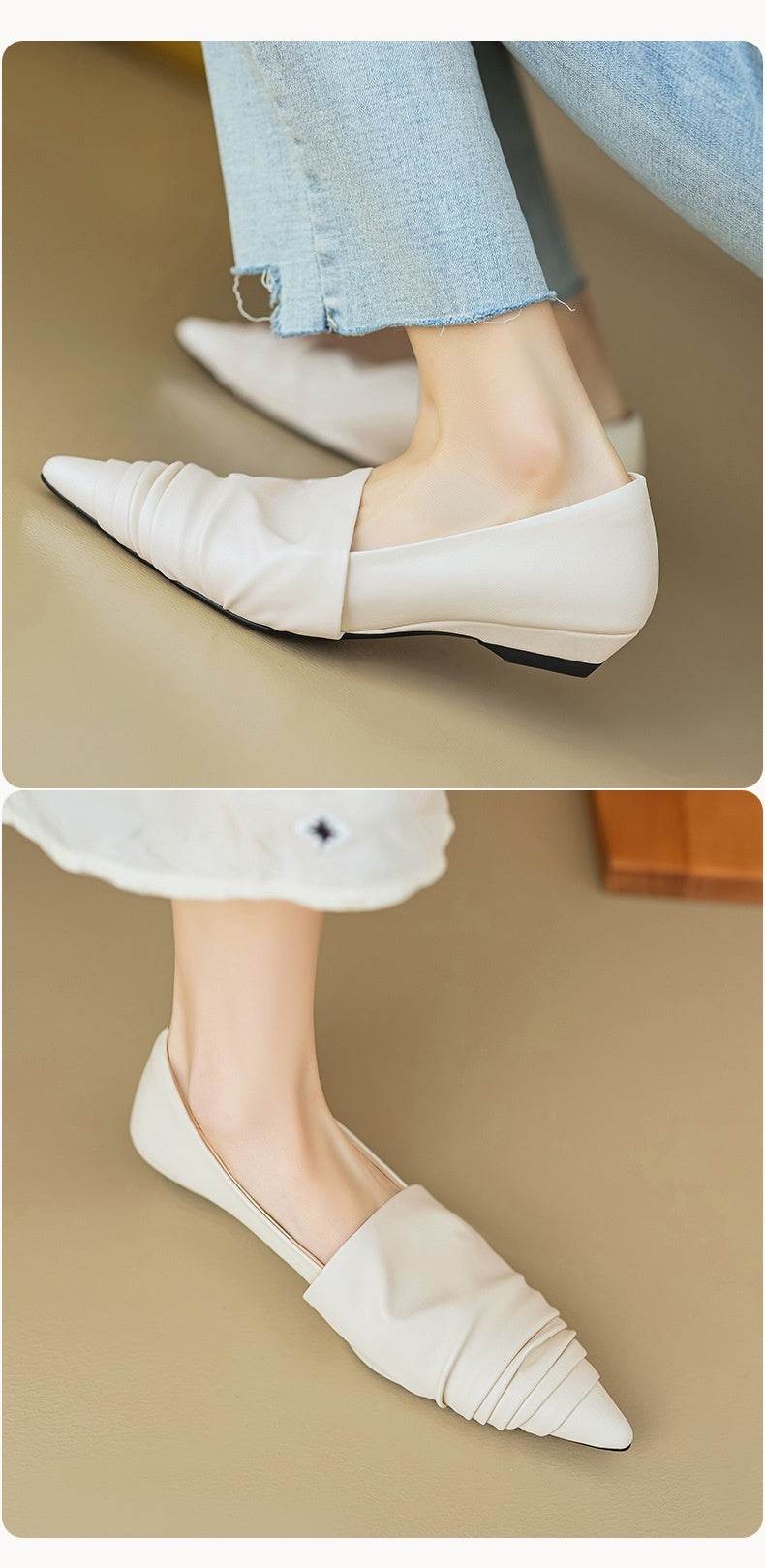 Pointed-toe Low Heel Flat Shoes Black Creamy-white - Mubimart