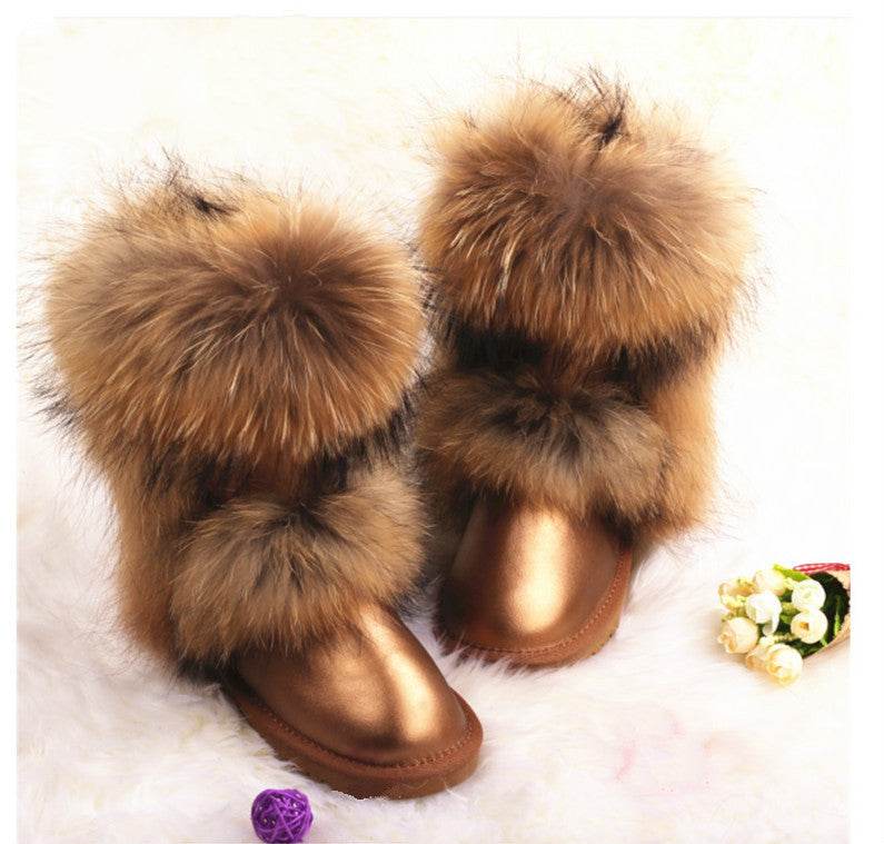 Women's Winter Mid-calf Fox Fur Snow Boots - Mubimart