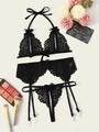 Lace Butterfly Bra Panty Garter Belt Bikini Three-piece Set - Mubimart