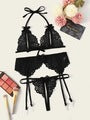 Lace Butterfly Bra Panty Garter Belt Bikini Three-piece Set - Mubimart -  