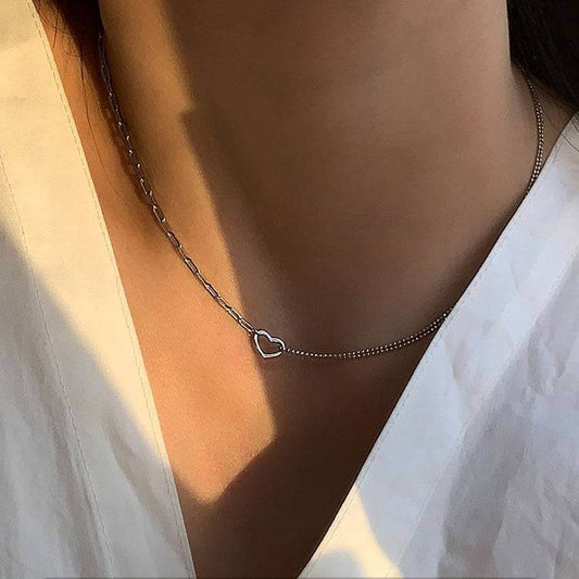 Heart Asymmetrical Chain Silver Necklace For Women - Mubimart