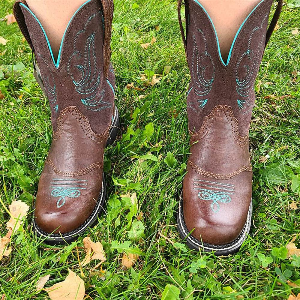Embroidered Women Cowboy Boot Autumn And Winter Women's Mid Boots - Mubimart
