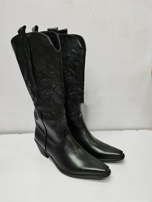 Embroidered Sleeve High Cowboy Boot For Women - Mubimart