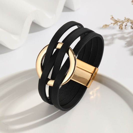 Cross Leather Women Bracelet Metal Big Ring Cuff Bangle Multi-layer Wristband Magnetic Snap Bangle - Mubimart