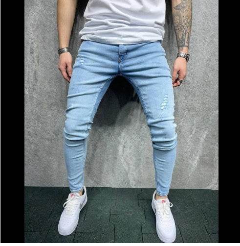 Fashion Light Blue Ripped Slim Fit Jeans - Mubimart