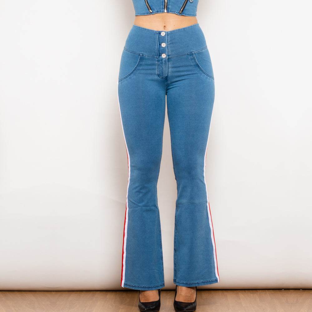 Shascullfites Melody Light Blue Striped Flared Lift Jeggings Button Up Butt Lift High Waist Flare Jeans Women Shaping Jeans - Mubimart