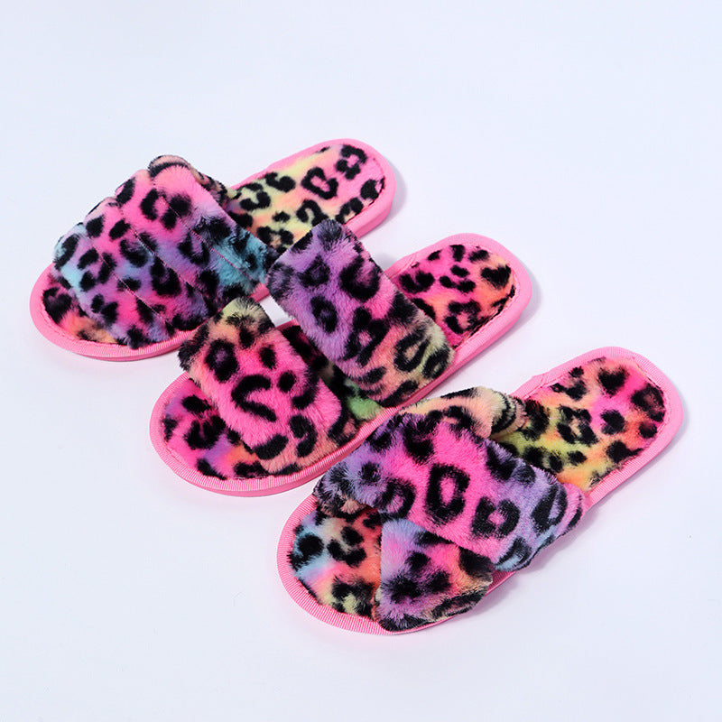 Women New Indoor Fuzzy Leopard Plush House Flat With Fuzzy Slipper - Mubimart -  