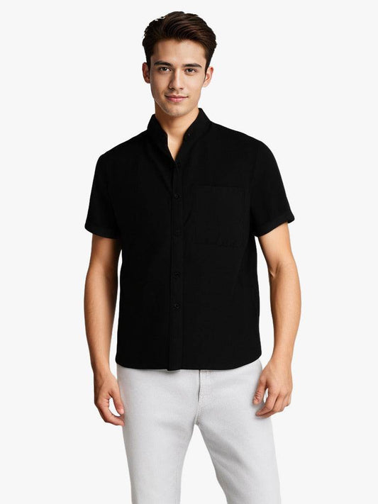 Solid-color Short-sleeved Lapel Shirt Summer Breathable Cotton And Linen Top Mens Clothing - Mubimart
