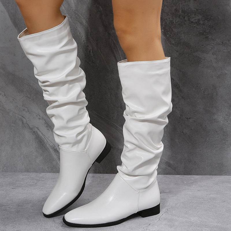 Long Boots White Cowboy Boots Women Pointed Toe Shoes - Mubimart