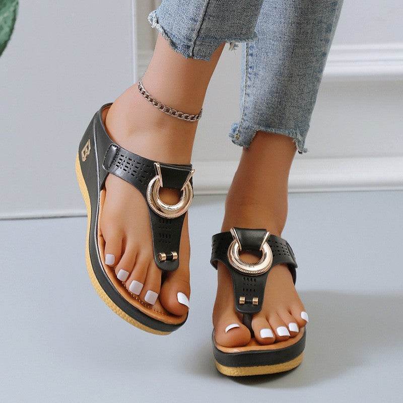 Thong Sandals Women High Heel Wedges Shoes Flip Flops Metal Decorative Slides Slippers - Mubimart
